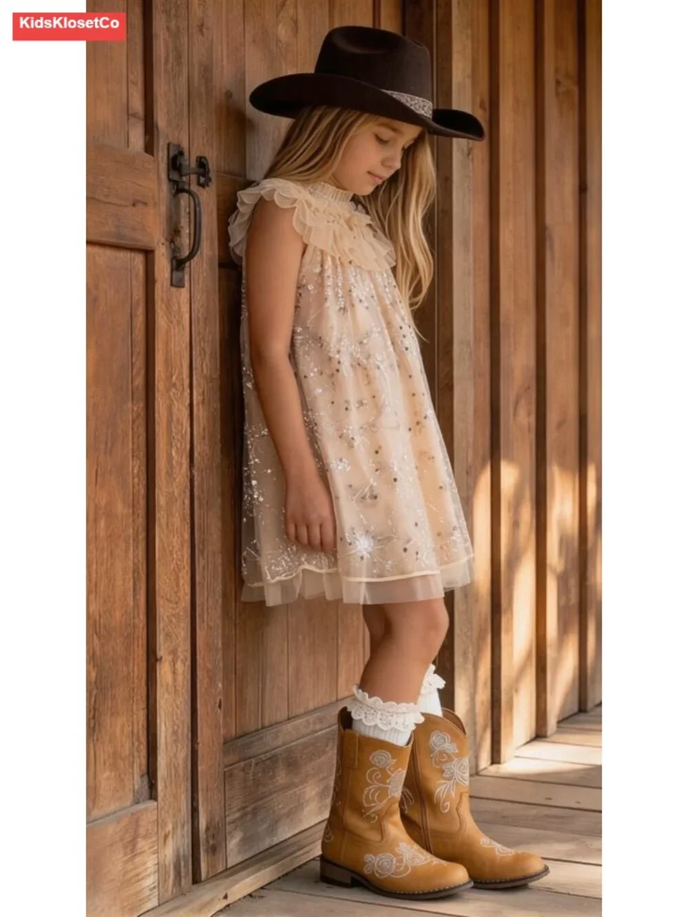Girls Floral Embroidered Square Toe Mid Calf Cowboy Boots with Side Zipper